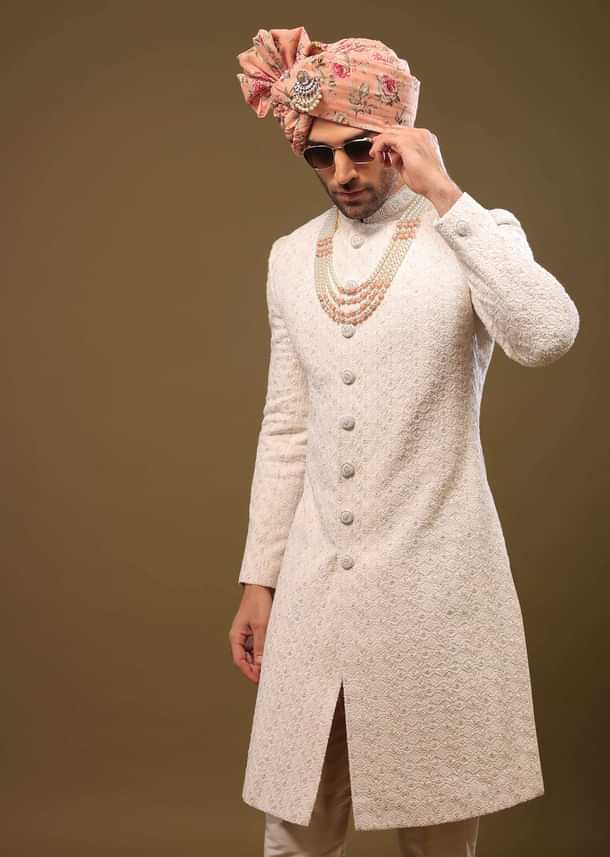 Nude White Lucknowi Sherwani Set In Zari And Cut-dana