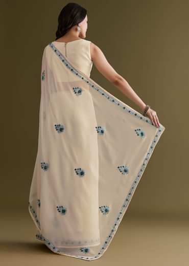 White And Blue Georgette Saree With Kashmiri Bud Embroidery