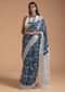 White And Blue Saree In Linen With Batik Printed Abstract Jaal And Striped Design Online - Kalki Fashion