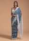 White And Blue Saree In Linen With Batik Printed Floral Jaal Online - Kalki Fashion