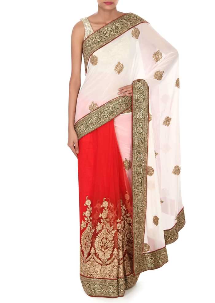 White and red saree in moti embroidery only on Kalki