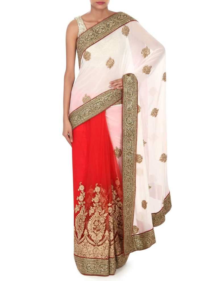 White and red saree in moti embroidery only on Kalki