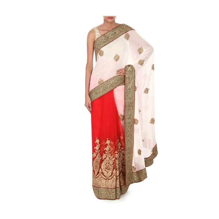 White and red saree in moti embroidery only on Kalki