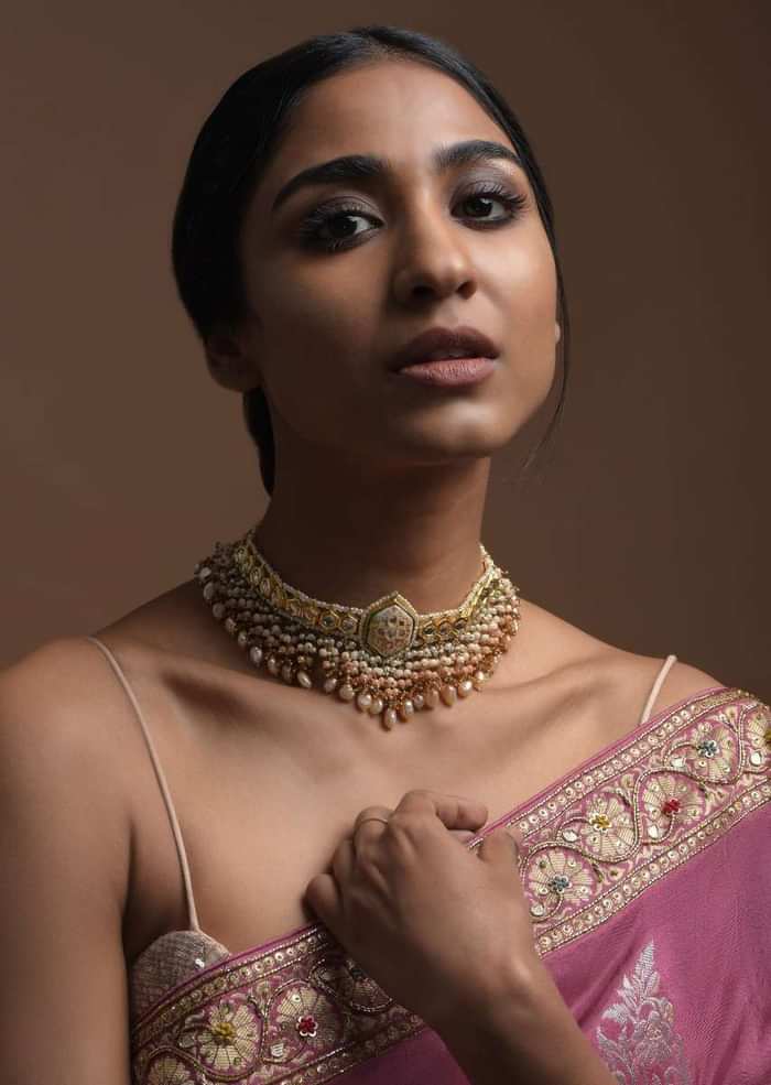 White Carved Stone Pendant Choker With Kundan Work And Dangling Multi Color Beads And Pearls