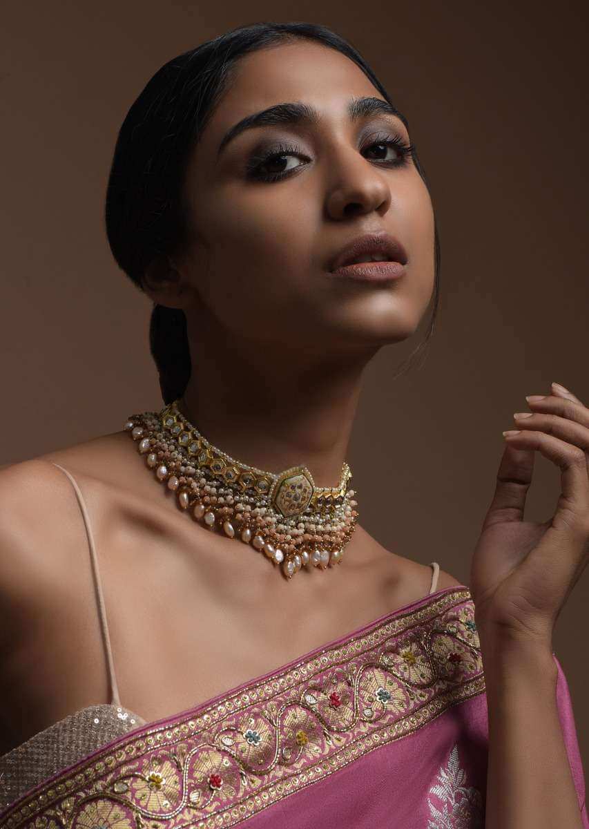White Carved Stone Pendant Choker With Kundan Work And Dangling Multi Color Beads And Pearls
