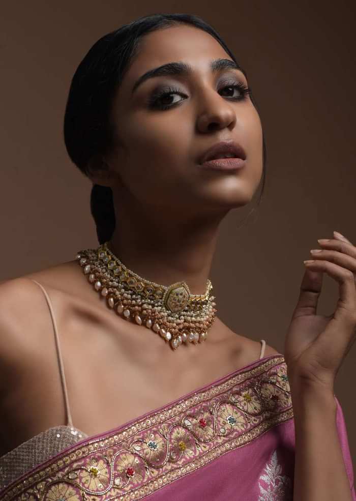 White Carved Stone Pendant Choker With Kundan Work And Dangling Multi Color Beads And Pearls