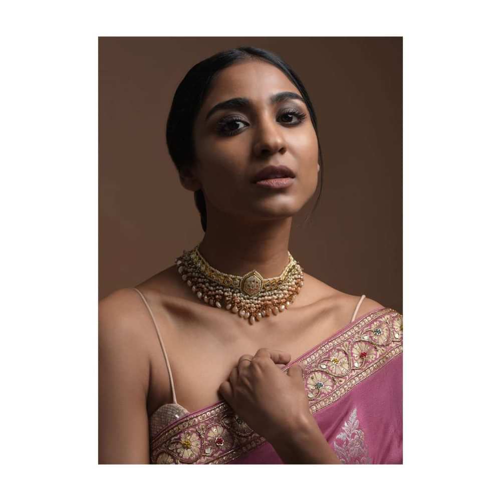 White Carved Stone Pendant Choker With Kundan Work And Dangling Multi Color Beads And Pearls