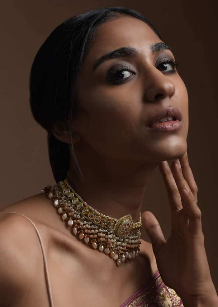 White Carved Stone Pendant Choker With Kundan Work And Dangling Multi Color Beads And Pearls