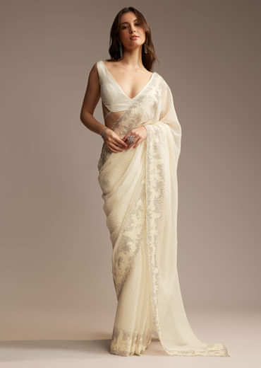 White Chiffon Saree with Resham Embroidery