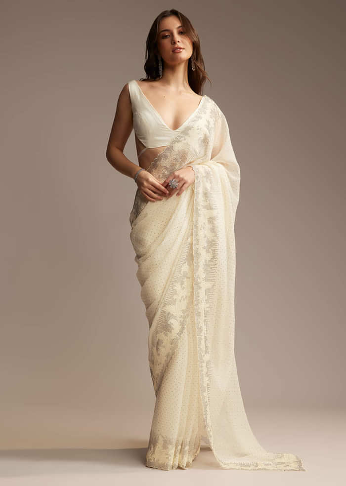 White Chiffon Saree with Resham Embroidery