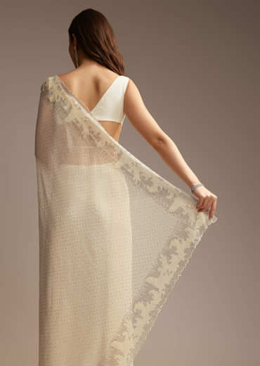 White Chiffon Saree with Resham Embroidery