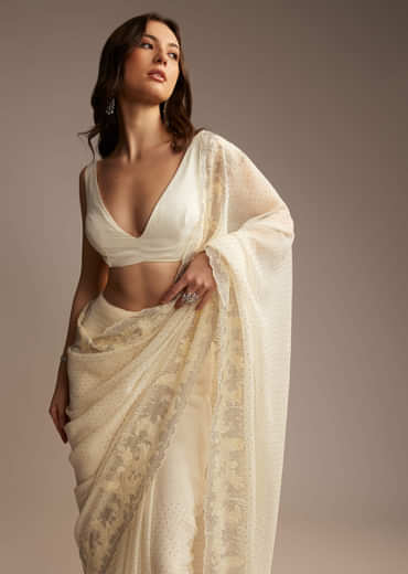 White Chiffon Saree with Resham Embroidery
