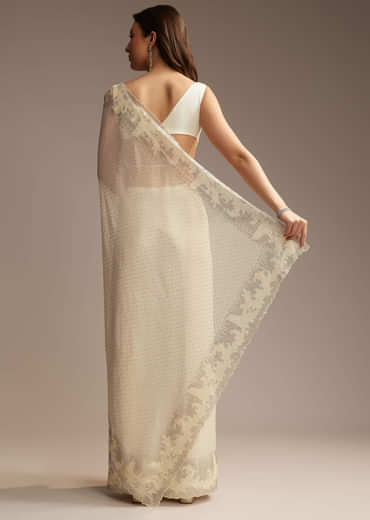 White Chiffon Saree with Resham Embroidery