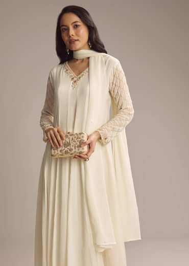 White Chinon Anarkali Suit With Cutdana And Sequins Work