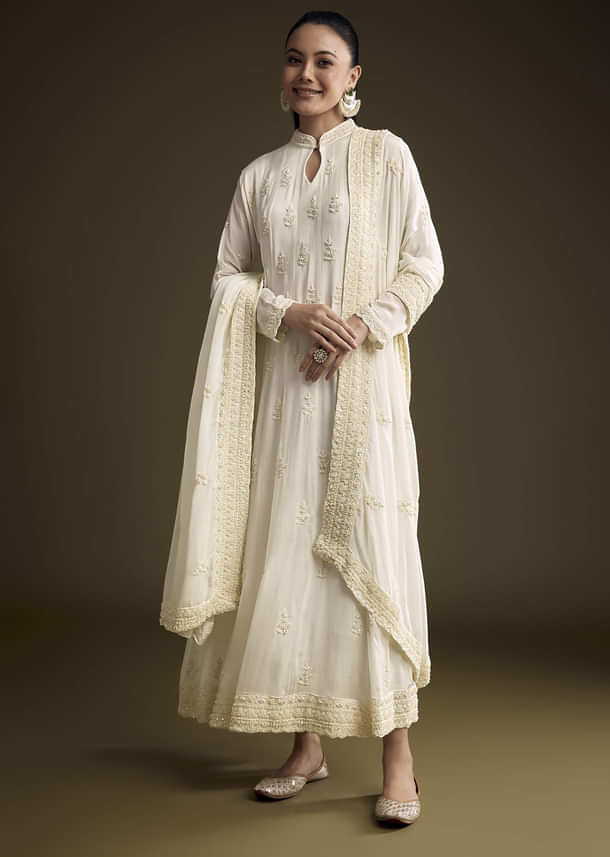 White Chinon Anarkali Suit With Heavy Hand Embroidery White Chinon Anarkali Suit With Heavy Hand Embroidery