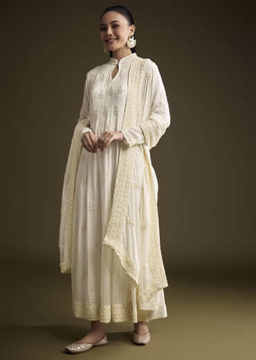 White Chinon Anarkali Suit With Heavy Hand Embroidery
