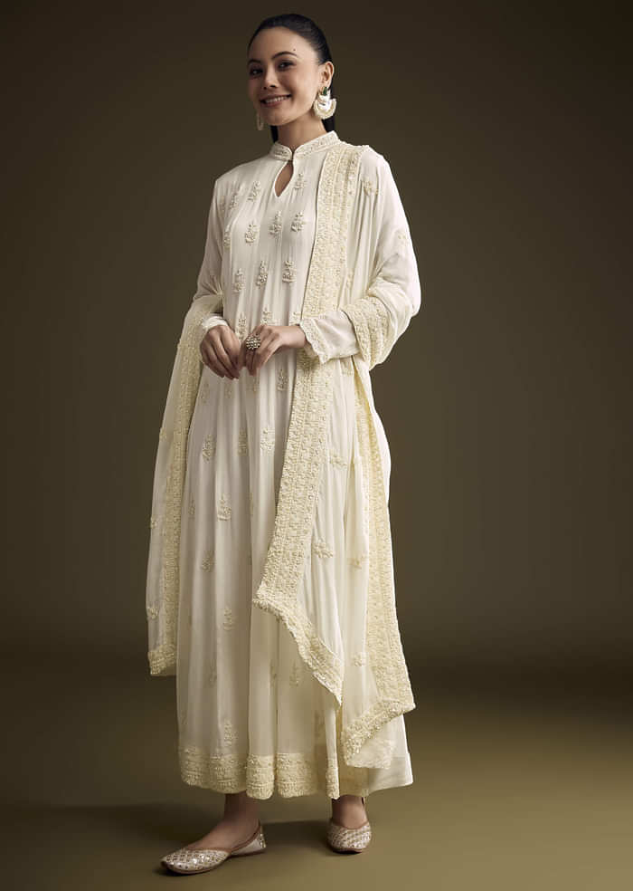 White Chinon Anarkali Suit With Heavy Hand Embroidery