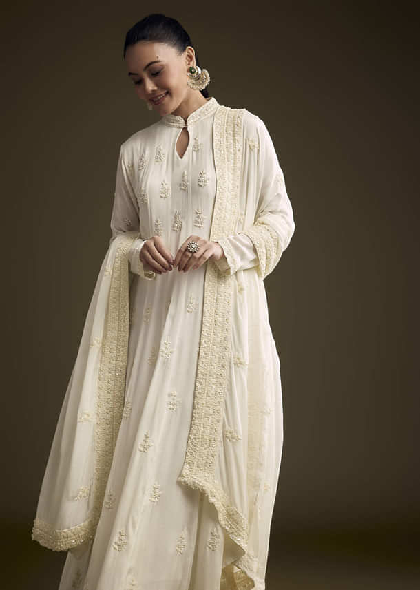 White Chinon Anarkali Suit With Heavy Hand Embroidery White Chinon Anarkali Suit With Heavy Hand Embroidery