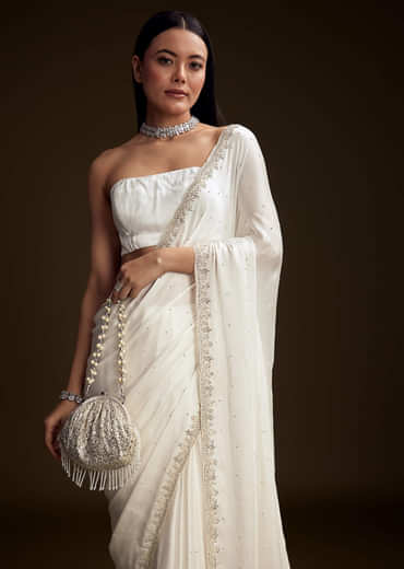 White Chinon Saree With Stone And Sequin Embroidery