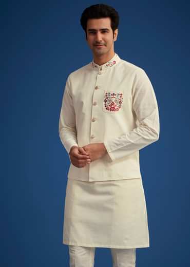 White Cotton Kurta Set With Embroidered Pocket And Collar
