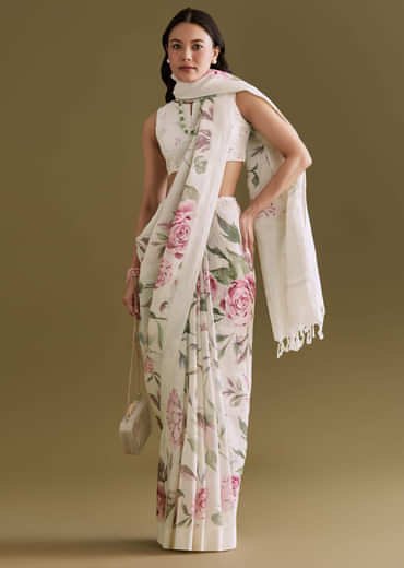 White Cotton Linen Saree With Pink Rose Prints