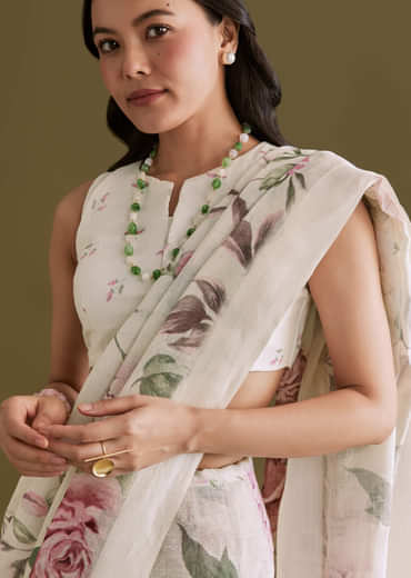 White Cotton Linen Saree With Pink Rose Prints