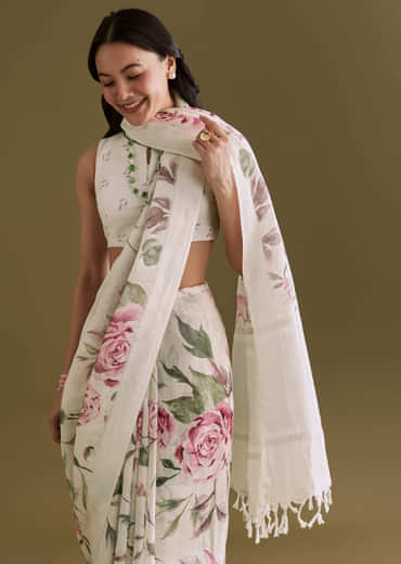 White Cotton Linen Saree With Pink Rose Prints