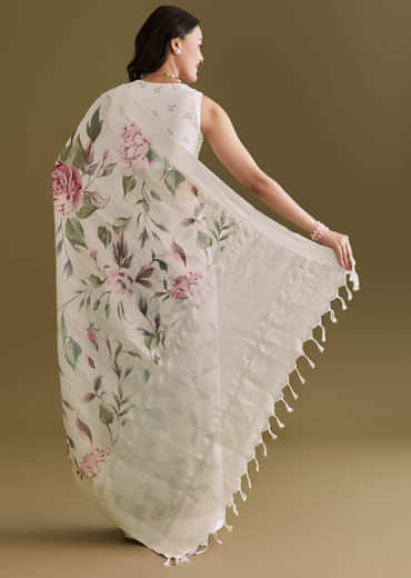 White Cotton Linen Saree With Pink Rose Prints