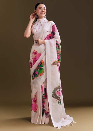 White Cotton Linen Saree With Watercolor Florals