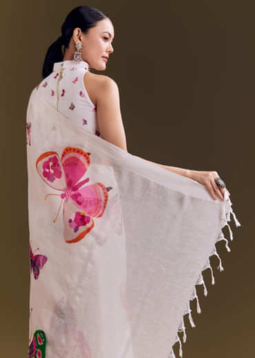 White Cotton Linen Saree With Watercolor Florals