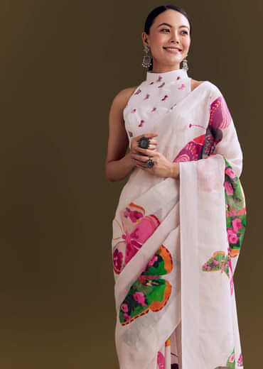 White Cotton Linen Saree With Watercolor Florals