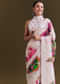 White Cotton Linen Saree With Watercolor Florals