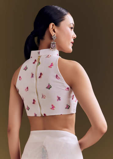 White Cotton Linen Saree With Watercolor Florals