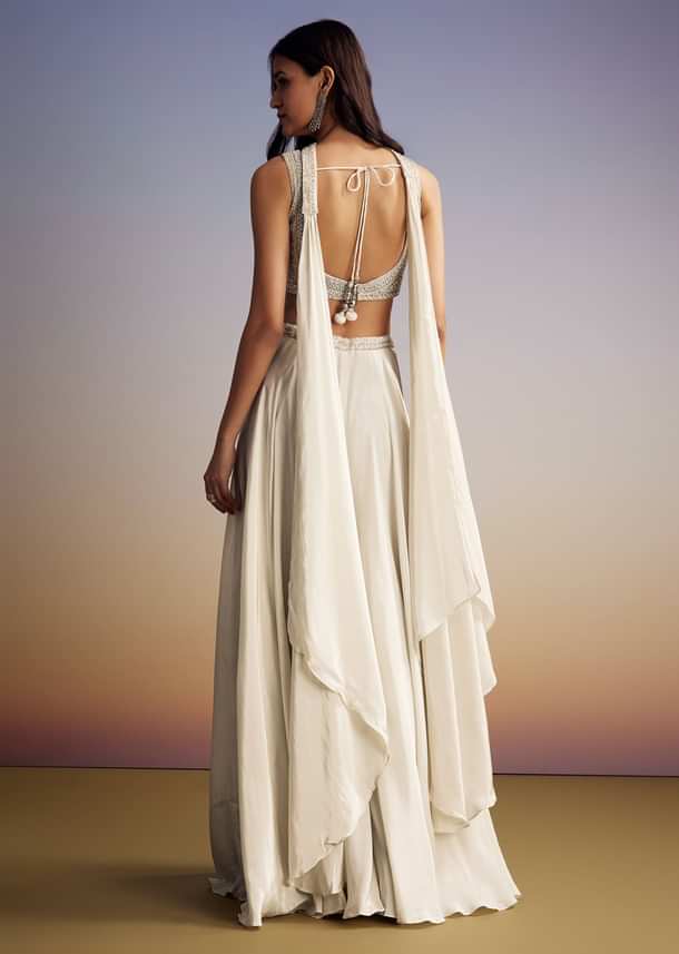 White Crepe Crop Top Set With Sequins Work And Dupatta