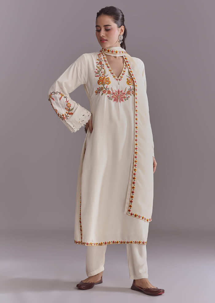 White Crepe Kurta Set With Multicolour Resham Work