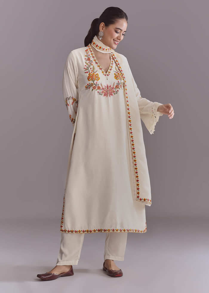 White Crepe Kurta Set With Multicolour Resham Work