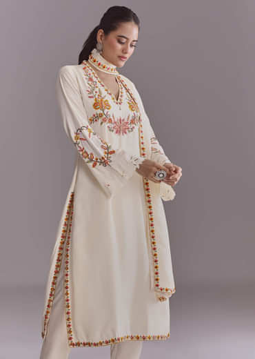 White Crepe Kurta Set With Multicolour Resham Work