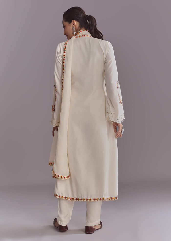 White Crepe Kurta Set With Multicolour Resham Work