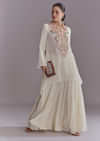 White Crepe Palazzo Suit With Thread And Resham Work