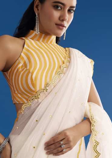 White Crepe Silk Saree With Mirror Scallop Contrast Border And Yellow Blouse