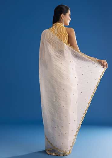 White Crepe Silk Saree With Mirror Scallop Contrast Border And Yellow Blouse