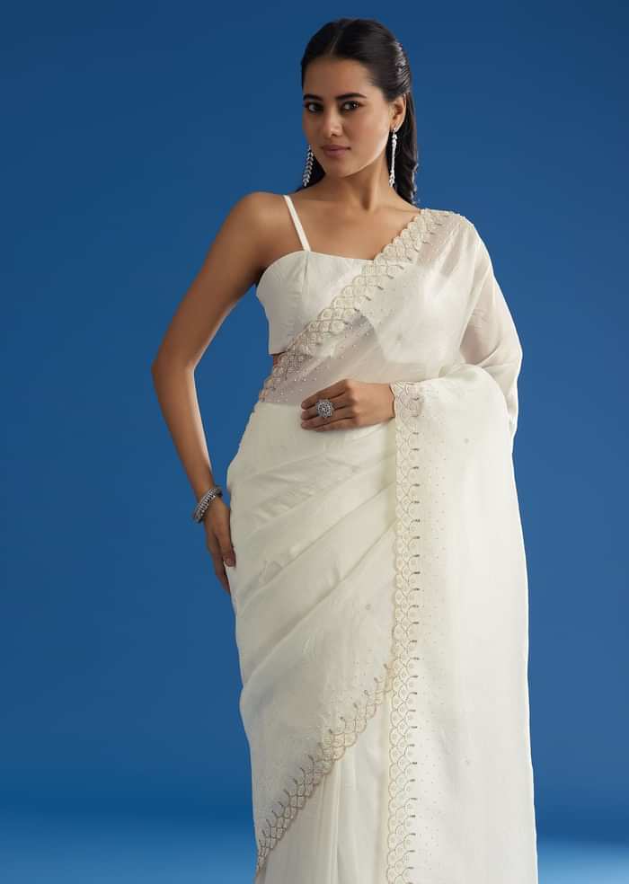 White Crepe Tissue Saree With Moti Beads And Cutdana Embroidery