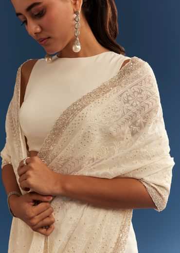 White Georgette Chikankari Saree With Stone And Cutdana Work