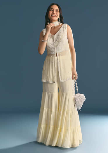 White Georgette Peplum Kurta Sharara Set With Beads And Sequins