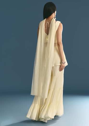 White Georgette Peplum Kurta Sharara Set With Beads And Sequins