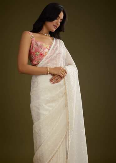 White Glass Tissue Embroidered Saree With Contrast Blouse