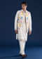 White Hand Painted Silk Jacket Kurta Set with Cutdana Work
