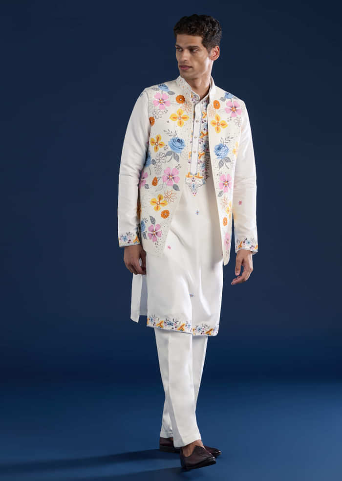 White Hand Painted Silk Jacket Kurta Set with Cutdana Work
