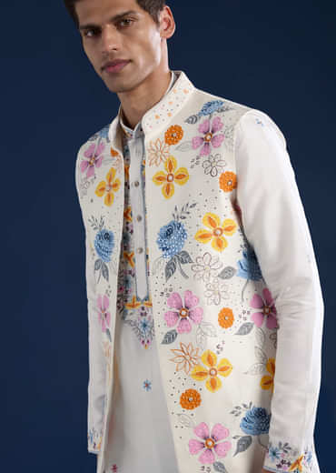 White Hand Painted Silk Jacket Kurta Set with Cutdana Work