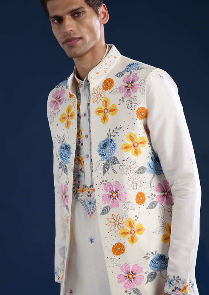 White Hand Painted Silk Jacket Kurta Set with Cutdana Work